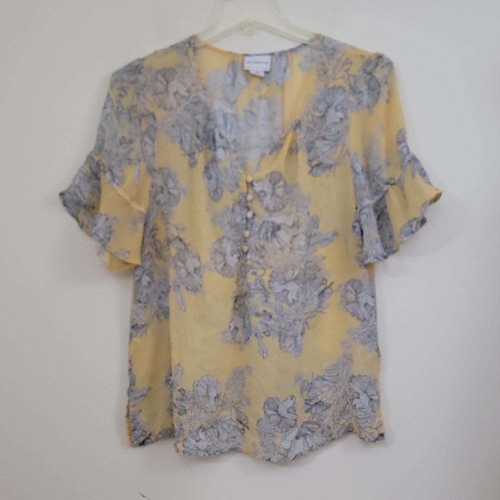 Liz Claiborne Yellow & Gray Floral Short Ruffle Sleeve Blouse XL